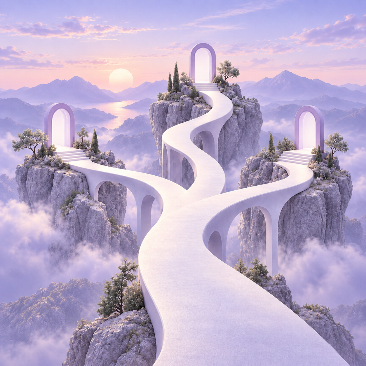 Light lavender pathways branching toward three arches beneath a soft peach and lilac sky